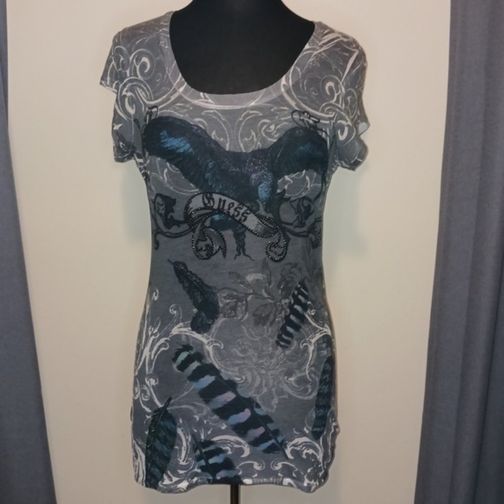 Vintage Witchy Guess Goth Y2K‎ Gray Tshirt Bird Crow Feather Rhinestone XL